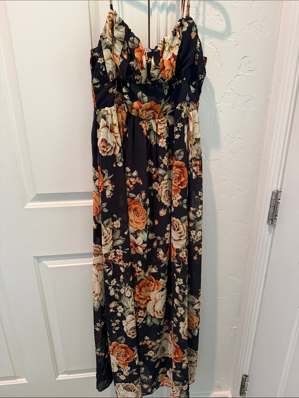 Black Floral Maxi Dress with Orange & Cream Blooms